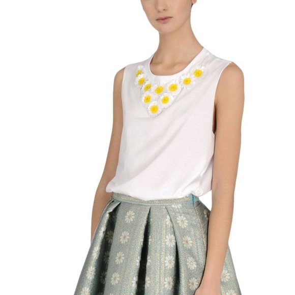 Red Valentino White Daisy Embellished Cotton Jersey Top - Picture 1 of 11